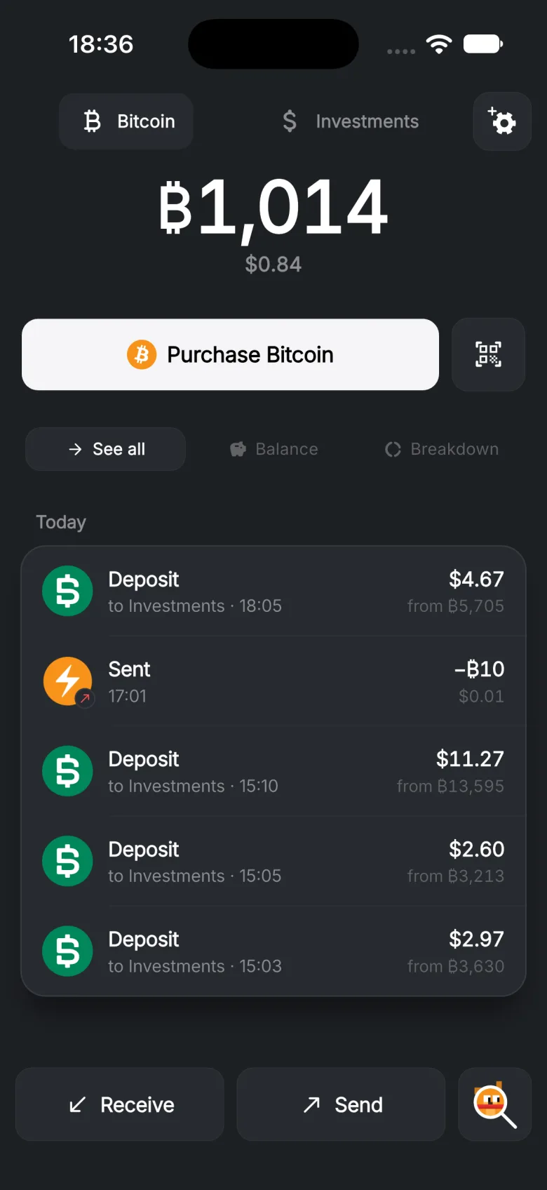 The Bitcoin side of Kute 2.1.2: balance, Purchase Bitcoin and recent payments