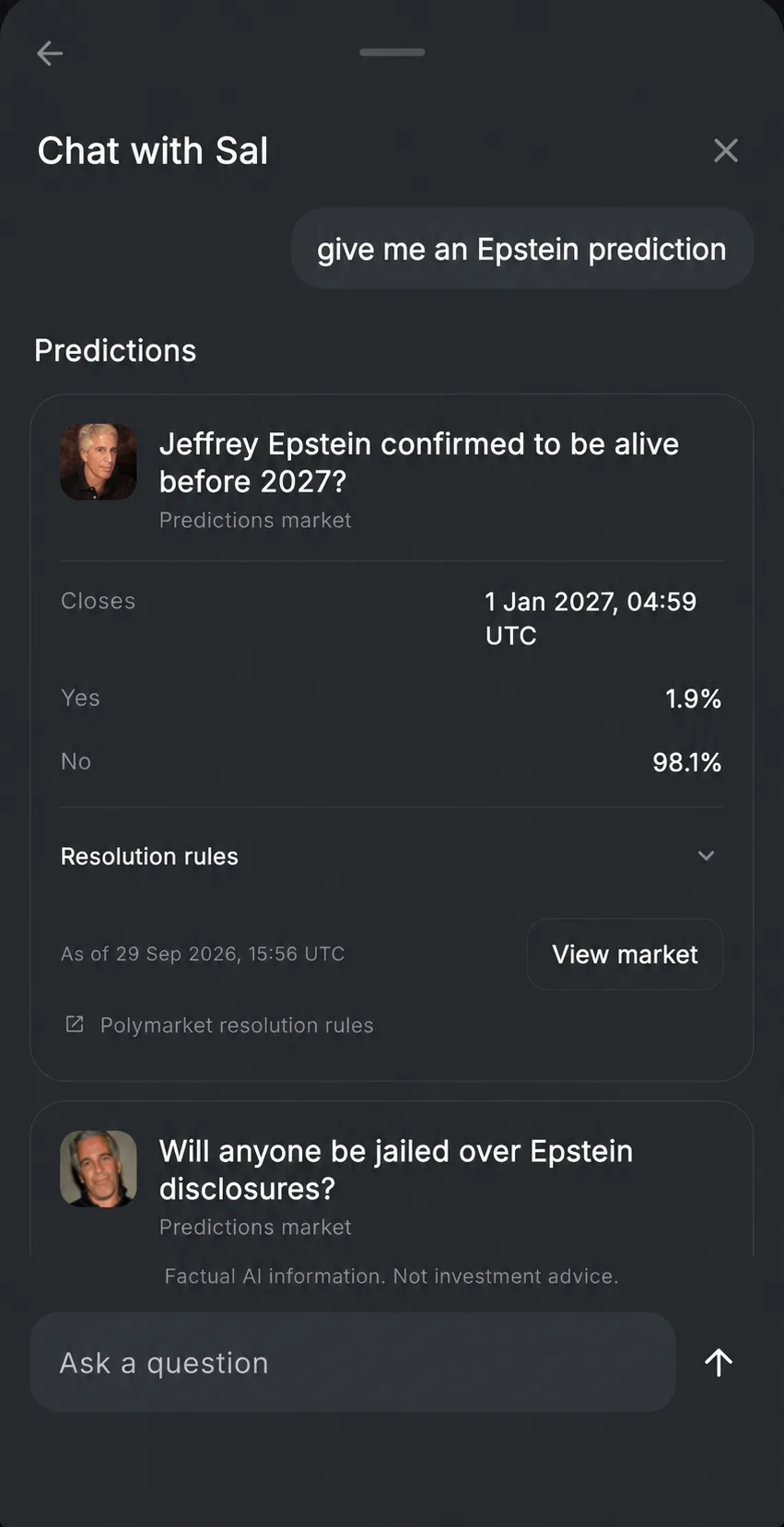 Chat with Sal: a person asks for an Epstein prediction, and Sal shows Polymarket markets with odds from 29 September 2026